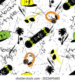 Seamless urban pattern for guys. Skate, palms, glasses on black and white grunge