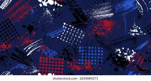 Seamless urban pattern. Rough grunge background. Black, blue, red,  white dirty surface. Old wall imitation. Vector illustration. Brush strokes texture. Paint blots, brush stroke, dots. 
