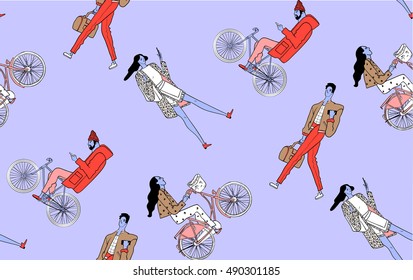 Seamless urban pattern. Set of hipster and a girl on a bicycle, a girl and the guy with the phone. Vector illustration