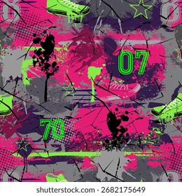 Patrón urbano sin fisuras con zapatillas de deporte, salpicaduras de graffiti, números de neón y estrellas sobre fondo grunge. Perfecto para moda urbana, ropa deportiva y estampados textiles modernos.