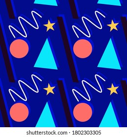 Seamless urban pattern with stars, triangles, circles, wave lines. 