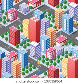 Seamless urban plan pattern map. Isometric landscape structure of city buildings, skyscrapers, streets and trees.