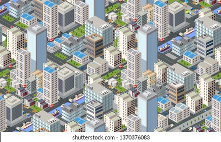 Seamless urban plan pattern map. Isometric landscape structure of city buildings, skyscrapers, streets and trees.