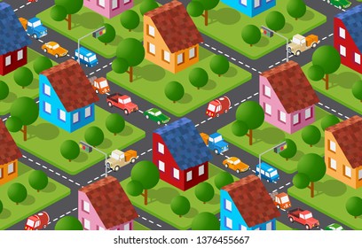Seamless urban plan pattern map. Isometric landscape structure of city buildings, streets and trees.
