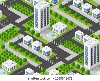 Seamless urban plan pattern map. Isometric landscape structure of city buildings, skyscrapers, streets and trees.