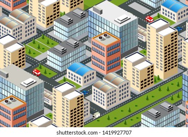 Seamless urban plan pattern map. Isometric landscape structure of city buildings, skyscrapers, streets, and trees