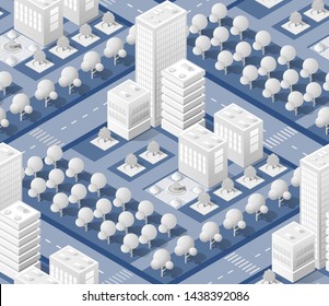 Seamless urban plan pattern map. Isometric landscape structure of city buildings, skyscrapers, streets and trees.