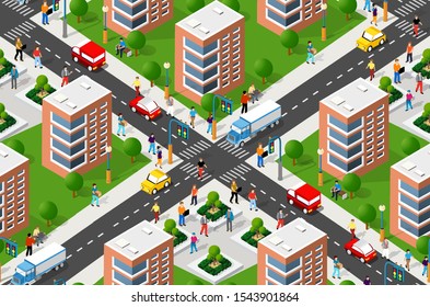 Seamless urban plan pattern map. Isometric landscape structure of city buildings, skyscrapers, streets and trees