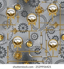 Seamless, urban, steampunk pattern of brass pipes, antique pressure gauges and gray gears on gray textured background. Steampunk style.