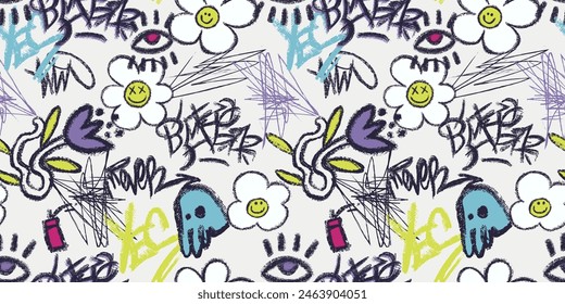 Seamless urban street wall art graffiti print with spray paint elements and slogans for graphic tee t shirt or sweatshirt - Allover graff pattern - Vector