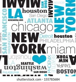 Seamless USA city typography background on white pattern in vector 