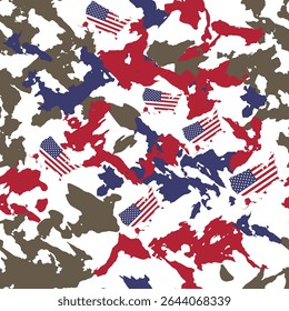 Seamless USA flag camouflage pattern for 4th July crafts, paper, fabrics, sublimation, decor, and apparel design.