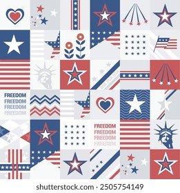 Seamless USA-Themed Mosaic Pattern with Old Glory Colors, Liberty Statue, Stars, Stripes, fireworks, Poppy Flowers, and Abstract Elements. Vector pattern patchwork. 