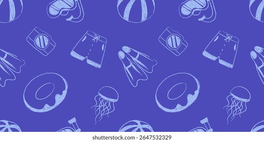 Seamless vacation pattern with diving masks, cameras, shorts, flippers, jellyfish, and beach toys. Retro hand-drawn design for wrapping, travel products, kids' apparel, or wallpaper.