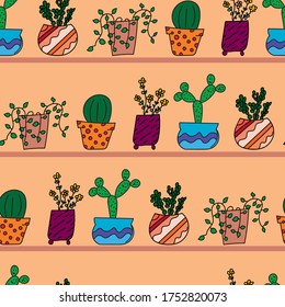 Seamless vactor pattern with cute pot plants on a shelf. Perfect for fabric, wallpaper and scrapbooking.