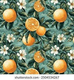 Seamless Valencia orange blossom pattern featuring vibrant citrus fruits. This fresh, botanical design captures the essence of Mediterranean orchards, for summery and organic-inspired creations. 