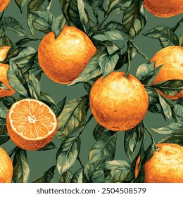 Seamless Valencia orange pattern featuring vibrant citrus fruits on lush green branches. This fresh, botanical design captures the essence of Mediterranean orchards, perfect for summery and organic-in