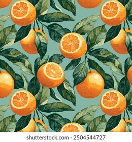 Seamless Valencia orange segment pattern featuring vibrant citrus fruits. This fresh, botanical design captures the spirit of Mediterranean orchards, great for summery and organic-inspired creations.