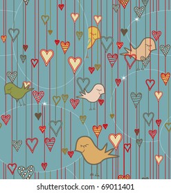 Seamless Valentine Background with Birds and Hearts