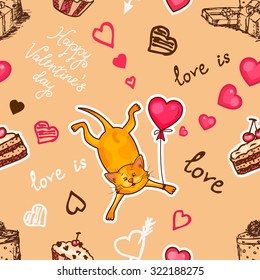 Seamless valentine background with cute cat. Use it for childrens wallpaper, gift wrapping, prints for baby clothes, prints for bedclothes, greeting cards, Valentines Day design