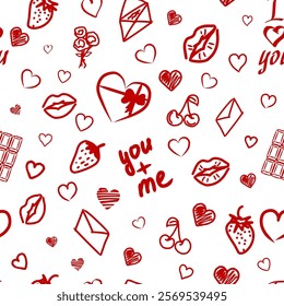 seamless valentine background, vector illustration of a repeating pattern with lots of hearts, kisses, strawberry. An endless texture for backdrop, greeting, invitation, fabric, wallpaper, packaging