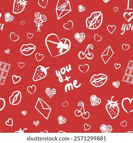 seamless valentine background, vector illustration of a repeating pattern with lots of hearts, kisses, strawberry. An endless texture for backdrop, greeting, invitation, fabric, wallpaper, packaging