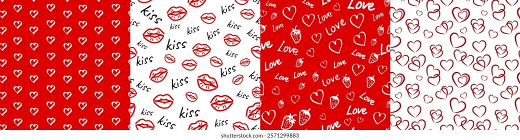 seamless valentine backgrounds set, vector illustration of a repeating pattern with hearts, kisses, strawberry. An endless texture for backdrop, greeting, invitation, fabric, wallpaper, packaging