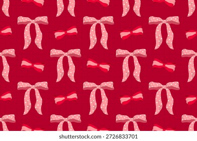Patrón de lazo de San Valentín sin fisuras con Formas de cinta sobre fondo de rejilla roja. Ideal para embalaje, papel de embalaje, tela y temas románticos modernos.