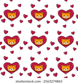 Seamless Valentine cat pattern with cute orange tabby cats, surrounded by hearts. Vector illustration on a clean white background. Suitable for festive designs, wrapping paper, and fabrics.