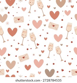 Patrón de celebración de San Valentín sin fisuras con corazones planos, sobres de amor y flautas de champán en una paleta de color beige-rubor apagado con acentos rojos, ideal para el embalaje, envoltura de regalo, papelería, invitaciones de boda, textiles y marca romántica.