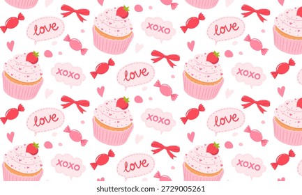 Seamless Valentine Cupcake Pattern with Love and XOXO Elements. Valentines Background