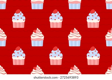 Padrão de cupcake de Valentine sem costura com chantilly e polvilhos no fundo de onda vermelha. Adequado para marca de padaria, embalagem, papéis de parede e temas doces.