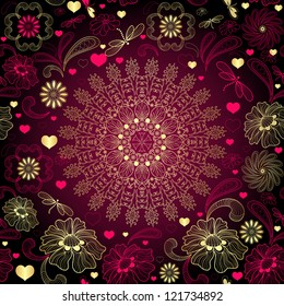 Seamless valentine dark purple and gold pattern (vector)