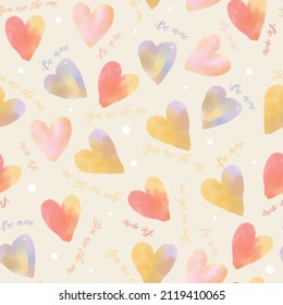 seamless valentine day background with watercolour heart shape and word ,be mine ,  you are the one , greeting card