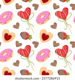 Seamless Valentine Day food pattern with heart shaped treat, chocolate, donut, lollipop and strawberry, cartoon style. Perfect for gift wrapping, card, textile and romantic design on white background