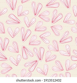 seamless valentine day pattern background with doodle pink heart sticker on lined paper