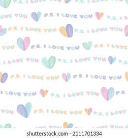 seamless valentine day pattern background with  heart shape and word , p.s. i love you , valentine card