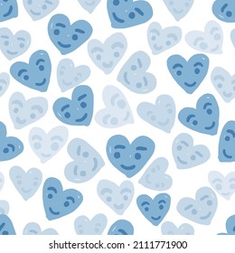 fondo de patrón de día valentino sin fisuras con cara de corazón y sonrisa azul, tarjeta de San Valentín