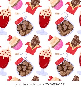 Seamless Valentine Day pattern with chocolate candies, cupcake, drinks and red packaging in cartoon style. Perfect for holiday design, wrapping paper, card and festive decoration.