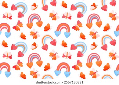 Seamless Valentine Day pattern with colorful rainbows, hearts, and butterflies on a white background. For wrapping paper, gift cards, or festive decorations.