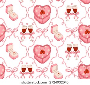 Patrón inconsútil del día de San Valentín con el pastel de corazón, la caja del anillo y dos vasos con vino