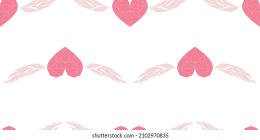 seamless valentine day pattern with heart shape  on white background pink triangles low poly white lines angle wings