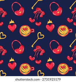 Nahtloses Valentinstag-Muster mit Herzen, Kaffeetassen, Schlüsseln, Schleifen und romantischen Symbolen, Vektorgrafik im niedlichen handgezeichneten Cartoon-Stil für Textilien, Tapeten, Verpackungen und Liebesmotive
