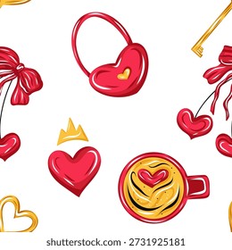 Nahtloses Valentinstag-Muster mit Herzen, Kaffeetassen, Schlüsseln, Schleifen und romantischen Symbolen, Vektorgrafik im niedlichen handgezeichneten Cartoon-Stil für Textilien, Tapeten, Verpackungen und Liebesmotive