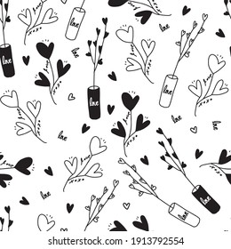patrón de día valentino sin fisuras sobre fondo blanco con árbol de corazón dibujado a mano, plantar en un jarrón