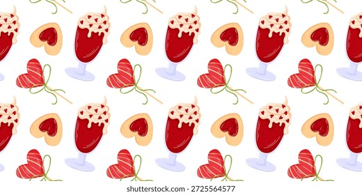 Patrón de postre de San Valentín sin fisuras con galleta de corazón, bebida de crema de bayas y piruleta de caramelo. Lindo fondo de ilustración de estilo plano para envoltura de regalo, tarjetas, textiles y diseño romántico.