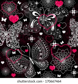 Seamless valentine floral pattern with lacy butterflies (vector)