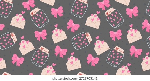 Seamless Valentine heart pattern with bows, ribbons, and soft red and pink accents. Designed for gift wrapping, stationery, and romantic fabric or packaging prints.