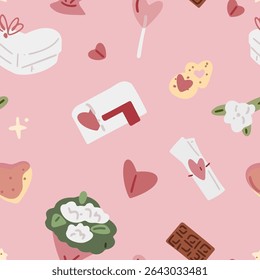 Sem emenda Valentine amor presente padrão. Padrão contínuo com ícones com tema de amor, incluindo chocolate, corações, carta, caixa de correio, flores e pirulitos em fundo rosa. Estilo de desenho animado plano, romântico e c