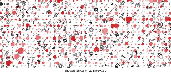 Nahtloses Valentinstag-Liebesmuster mit roten und rosafarbenen Herzen und typografischem Hintergrund